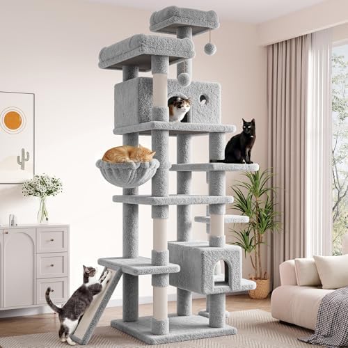 SHA CERLIN 82 inch, Multi-Level Cat Tree Tower for Indoor Cats, Cat Condo with Sisal Scratching Posts, Plush Perches, Hammocks, Toy Balls，Grey