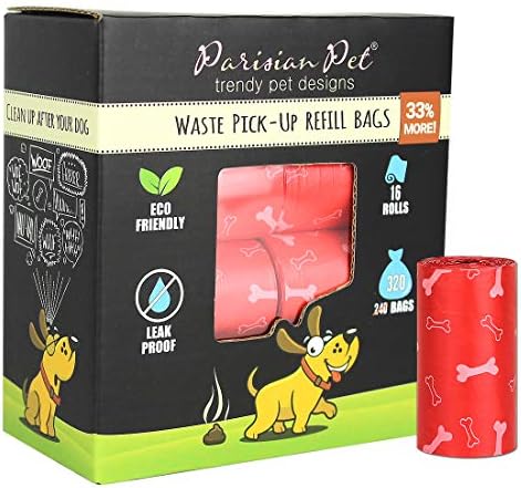 Parisian Pet Ecofriendly Dog Poop Bags Rolls - 320 Count Unscented Poop Bags For Dogs - Leakproof, Extra Thick, 16 Dog Waste Bags Refill Rolls - Printed Bones Red Doggie Poop Bags