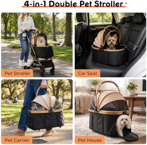 Dog Stroller for Small and Medium Dogs, 40lbs Capacity Pet Stroller with Detachable Carrier, One-Hand Fold, Breathable Mesh & Sun/Rain Canopy, Khaki