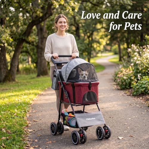 2-in-1 Foldable Pet Stroller 4-Wheel for Small Dogs & Cats,Dark Gray +Red