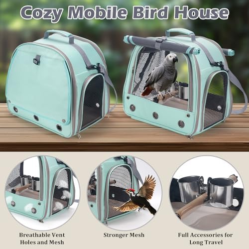 Bird Carrier Parrot Travel Cage with Perch, Food Bowl, Tray and Breathable Clear Window, Bird Travel Bag for African Gray Cockatiel Caique Conure Quaker, for Vetting Camping Hiking (Blue)