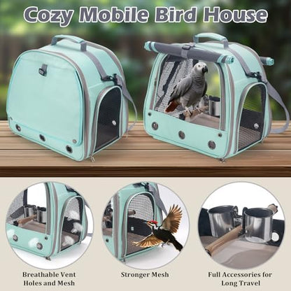 Bird Carrier Parrot Travel Cage with Perch, Food Bowl, Tray and Breathable Clear Window, Bird Travel Bag for African Gray Cockatiel Caique Conure Quaker, for Vetting Camping Hiking (Blue)