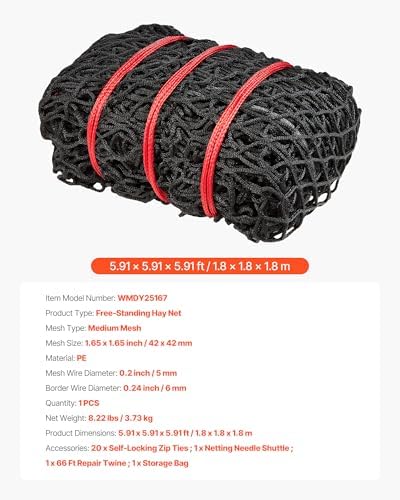 VEVOR Round Bale Hay Net, 5.91 x 5.91 x 5.91 ft, 1.65 inch Holes, PE Material, Knotless Design, with Zip Ties, Needle Shuttle, Repair Twine and Storage Bag, Slow Feeder Round Bale Net for Horses