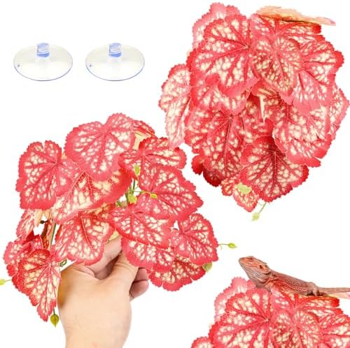 QUOZUO 2 Pack Reptile Plants for Terrarium, Artificial Leaves Habitat Decorations with Suction Cups, Terrarium Hanging Plants Vines for Bearded Dragons Lizards Snake Geckos Frogs - Red