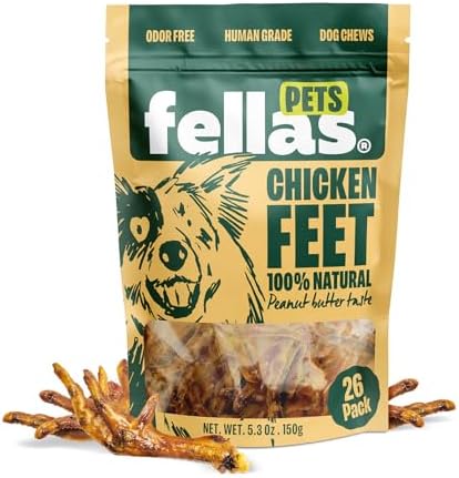 100% Natural Dehydrated Chicken Feet Peanut Butter Flavor For Dog Treats - Organic, No Rawhide, Sensitive Stomach, Nail Free, Odor Free, High Collagen, Hip Joint & Dental Health - 26 Count