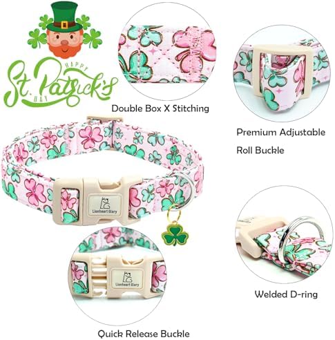 Lionheart glory St. Patrick's Day Dog Collar, Clover Collars Pink Dog Collar for Medium Dogs Spring Female Dog Collar Adjustable Heavy-Duty Dog Collar Pet Gift Plastic Buckle