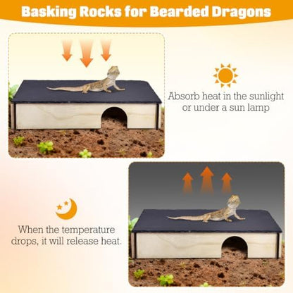 PINVNBY Large Bearded Dragon Basking Platform, Wooden Snake Hide, Ball Pythons Hide with Slate Rock, Leopard Gecko Tank Accessories for Crested Gecko Chameleon Turtles (XL: 15.7x9.84x2.76 inches)