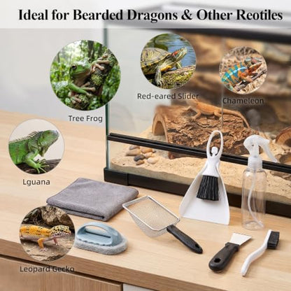 7-in-1 Reptile Tank Cleaning Kit, Complete Terrarium Enclosure Tool Set with Mini Dustpan, Brush, Scraper, Sand Sifter, Spray Pot, Cloth & Sponge, Bearded Dragon Accessories