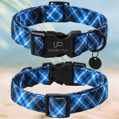 Dog Collar, Autumn Cotton Collar for Puppy Girl Dog or Cat, Holiday Blue Plaid Collar with Lightweight Plastic Buckle, Adorable Pet Collar