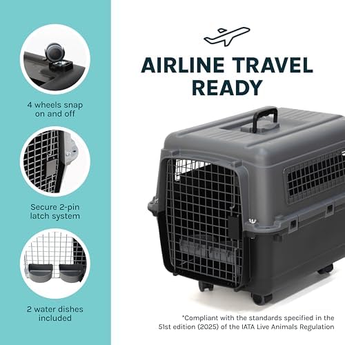 SportPet Airline Compliant MEDIUM 26.5" Travel Dog Kennel-Durable Plastic Airline Pet Carrier w/ Removable Wheels & Food Bowls, Collapsible Indoor/Outdoor Dog Kennel, Dogs up to 23"L & 15"H-Dark Gray