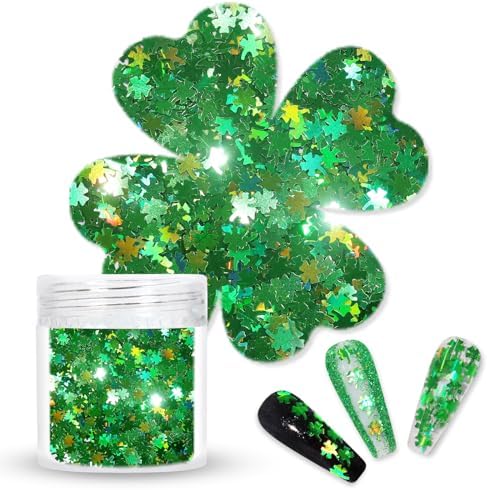 Laza 2g Chunky Glitter for St. Patrick's Day Clove Confetti Holographic Nail Charms Sequins Stickers Sparkle for DIY Crafts Nail Art Decoration Party Face Body Make Up Resin - Laser Green