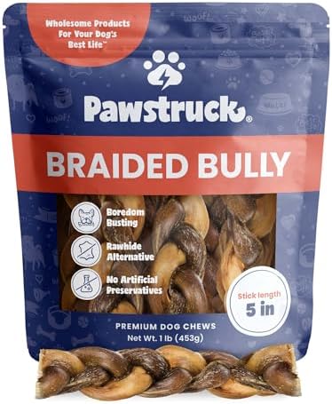 Pawstruck 100% Natural 5-in Braided Bully Sticks 1 lb Bag - Long Lasting Rawhide Free Single Ingredient Dog Chews for Aggressive Chewers with Premium Beef Pizzle and Dental Health Benefits