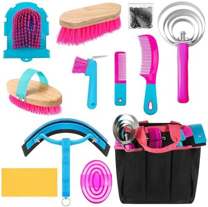 Abbylike 12 Piece Horse Grooming Kit with Organizer Tote Bag Brush Sets for Derby Day Show Horses Professional Tools for Care & Massage(Rose Red)