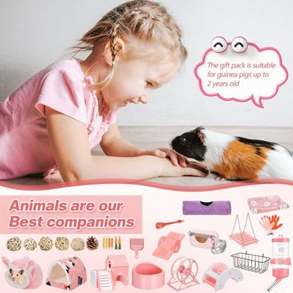 Teenyyou 24 Pcs Small Guinea Pig Starter Kit Essentials for Hamster Cage Accessories Toys House Bed Cage Cleaner Food Bowl Water Holder Carrier Bag Teething Toys Liner Tunnel for Beginner(Pink)