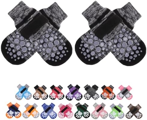 PUPTECK Anti-Slip Dog Socks with Double Sides for Small Medium Large Dogs Hardwood Floors Prevents Licking, Dog Shoes for Hot Pavement Traction Control Paw Protector for Senior Dogs, Striped Black XS