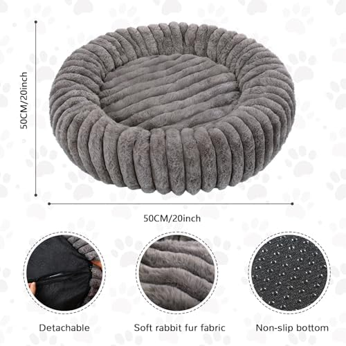Round Cat Bed Washable, Ultra Soft Plush Bolster, 20 Inch, Grey