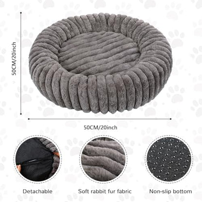 Round Cat Bed Washable, Ultra Soft Plush Bolster, 20 Inch, Grey