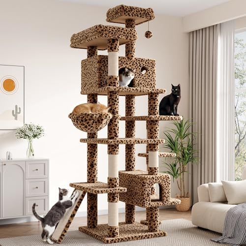 SHA CERLIN 82 inch, Multi-Level Cat Tree Tower for Indoor Cats, Cat Condo with Sisal Scratching Posts, Plush Perches, Hammocks, Toy Balls, Leopard Print