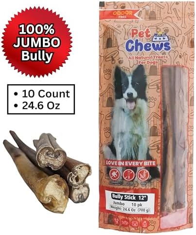12" Jumbo Bully Sticks (10 Pack) - 70g Average per Stick (700g Total) - 100% Natural Grass-Fed Beef Pizzle, Odor-Free - Long Lasting Chews for Large Dogs & Power Chewers