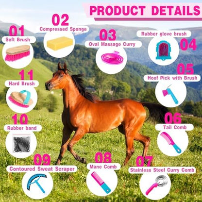 Abbylike 12 Pieces Horse Grooming Kit Equine Care Brushes, Rose Red