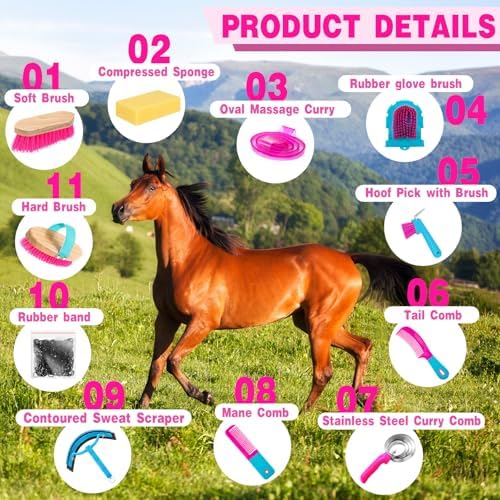 Abbylike 12 Piece Horse Grooming Kit with Organizer Tote Bag Brush Sets for Derby Day Show Horses Professional Tools for Care & Massage(Rose Red)