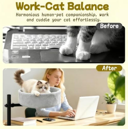 Cat Desk Bed,360° Rotating & Height Adjustable Desk Cat Bed,Space Saving Modern Indoor Cats Nest Furniture Cozy Faux Fur Pet Nest Perch Hammock for Various Desktops,15.7" L*15.7" W*16.9" H,Grey