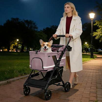 Dog Stroller with No-Zip Buckle Canopy, fits 2 Small Cats or 1 Medium pet,44 lbs Capacity One-Hand Fold,Lockable Front Wheels, Rear Brake