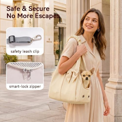 Fashion Dog Purse Carrier for Small Dogs, Soft-Sided Dog Bag Carrier with 4 Large Pockets, No Collapse, Lightweight, Smart Zipper Lock, Comfortable Puppy Cats Rabbit Carrier for Travel,Outdoor(Beige)