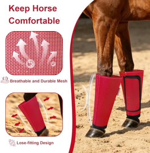 Fly Boots for Horses Set of 4, Equine Loose Fitting Leggings (Red)
