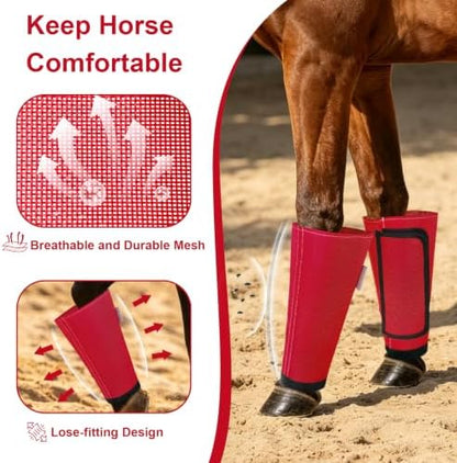 Fly Boots for Horses Set of 4, Equine Loose Fitting Leggings (Red)