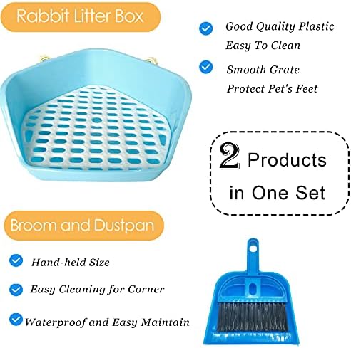 kathson Rabbit Litter Box Pet Toilet Cage Box Potty Trainer Corner with Small Animal Cage Cleaner Broom Brush Dustpan for Bunny Chinchilla Guinea Pig Ferret(Blue)