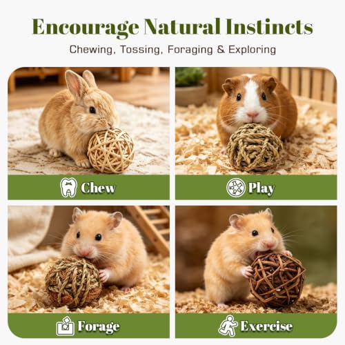 16 Pcs Bunny Chew Grass Balls,Natural Handmade Enrichment Toys for Teeth Grinding, Enrichment Treats for Rodents Rabbits Guinea Pigs Chinchillas Hamsters Mice, Rolling Chew Toys (2.4")