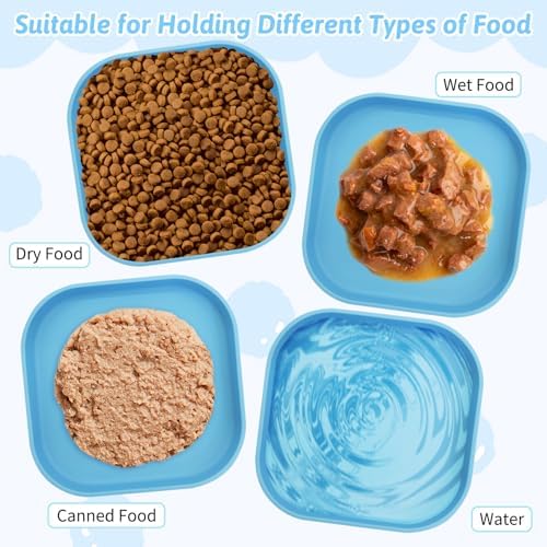 Fhiny 2PCS Silicone Cat Bowls Set 7.1 x 7.1 in Shallow Dog Dish Whisker Friendly Cat Food Plate for Dry & Wet Food Dishwasher Safe Non-Slip Pet Feeding Bowls for Kittens and Puppies (Blue)