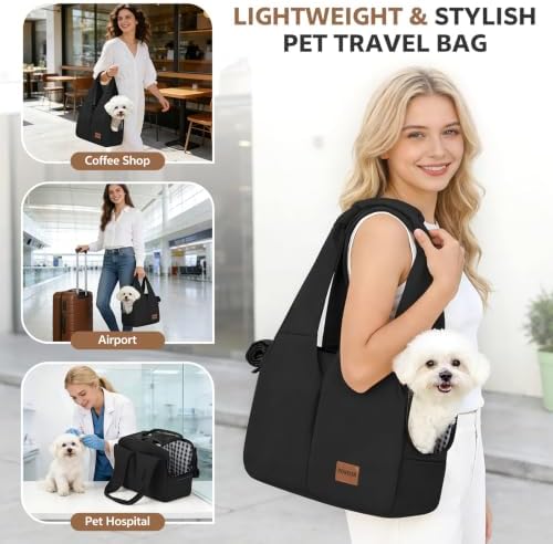 Dog Purse Carrier for Small Dogs and Cats, Soft-Sided Pet Tote Bag with 6 Large Pockets, Collapsible Travel Puppy Carrier, Fits Pets up to 13 lbs (Black, 15.7" L x 8" W x 11.8" H)