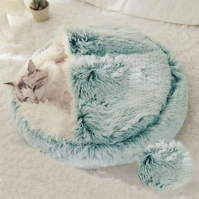 Round Fluffy Hooded Cat Bed Cave, Anti-Anxiety Cave Bed with Blanket