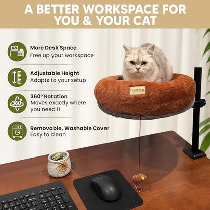 Cat Desk Bed - Sturdy Desk Mount for Office & Home, 360° & Height Adjustable Cat Bed for Desk Attachment, Supports 33 lbs, Dual Use Floor & Desk Nest, Washable Stylish Two-Tone Faux Fur