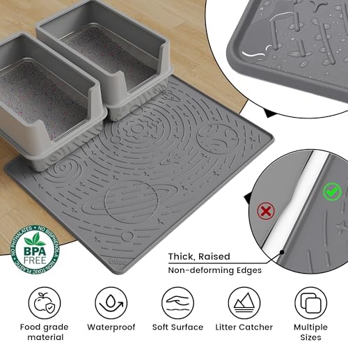 OHMO Cat Mat for Litter Box, Large 31.5x23.6 Dark Grey, High Edge Silicone Scatter Control Waterproof Trapping Mat