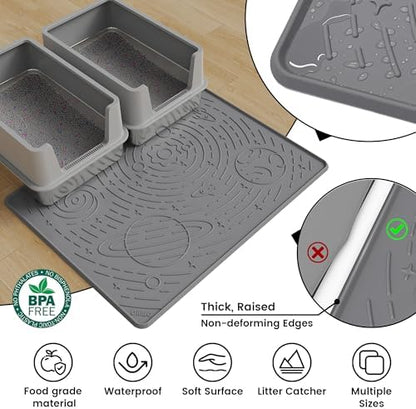 OHMO Cat Mat for Litter Box, Large 31.5x23.6 Dark Grey, High Edge Silicone Scatter Control Waterproof Trapping Mat