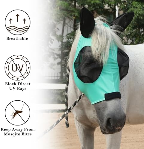 Stretchy Horse Fly Mask with Ears, Large Eye Space Green Pony
