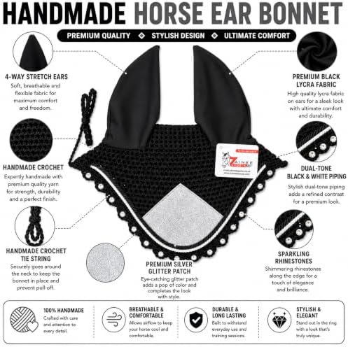 Horse Ear Bonnet for Horses – Handmade Crochet Fly Veil with Crystal Stones, Glitter Patch, Breathable Stretch Ears, Horse Fly Bonnet Ear Bonnet for Riding (Silver, COB)