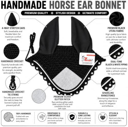 Horse Ear Bonnet for Horses – Handmade Crochet Fly Veil with Crystal Stones, Glitter Patch, Breathable Stretch Ears, Horse Fly Bonnet Ear Bonnet for Riding (Silver, COB)