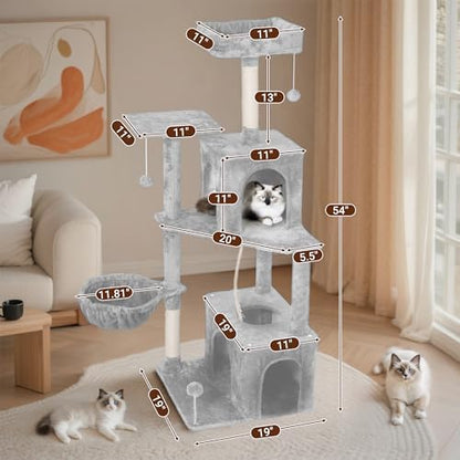 54-Inch Cat Tree Tower with 2 Caves & 2 Pompoms - Multi-Level Tower for Indoor Cats, Soft Plush Condo with Scratching Posts - Sturdy Base for Large Cats (Light Grey01)