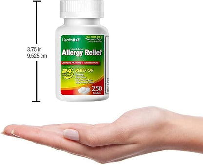 HealthA2Z® Allergy Relief | Cetirizine 10mg | All Day Allergy Relief | Indoor & Outdoor | Relief from Itchy Throat, Sneezing, Runny Noses (250 Count (Pack of 1))
