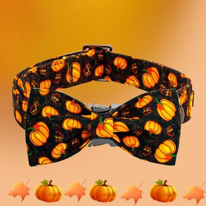 Elegant little tail Fall Dog Collar, Halloween Pet Collars with Bow Cute Pumpkin Print Puppy Collar Female or Male Cotton Adjustable Collars for Small Medium Large Dogs