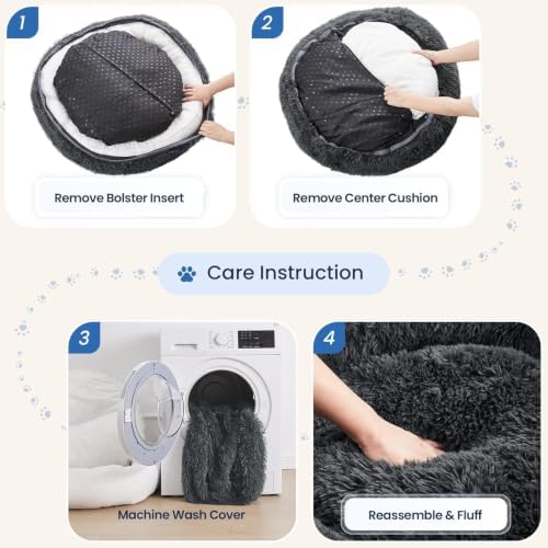 JOLLYVOGUE Calming Washable Dog Beds Large Sized Dog, 36Inch Donut Large Dog Bed with Removable Cover, Anti-Slip Round Fluffy Faux Fur Bed, Fits up to 80 lbs Pets, Dark Grey