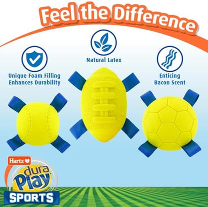 Hartz Dura Play Sports Soccer Dog Toy, Bacon Scented Squeaky Latex Yellow & Blue Toy, 3 Count
