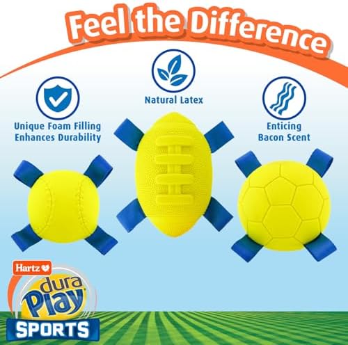 Hartz Dura Play Sports Ball Variety Dog Toy, Bacon Scented Squeaky Latex Yellow & Blue Toy, 3 Count