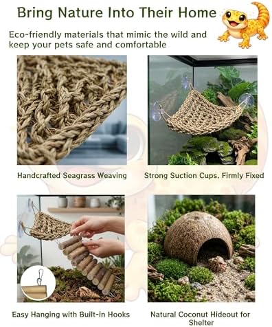 12-in-1 Hermit Crab Accessories Kit, 2026 New Kit for Bearded Dragon, Coconut Shell Hideout, Climbing Bridge, Hammock, Vines & Plants, Reptile Terrarium Decor for Gecko, Lizard, Amphibians
