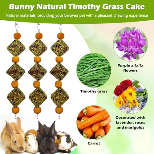 kathson Rabbit Chew Toys for Teeth Bunny Natural Timothy Grass Cake Guinea Pig Hanging Chew Toys Treats for Bunny Chinchilla Hamsters Squirrel and Other Small Pets Playing Improve Pets Dental