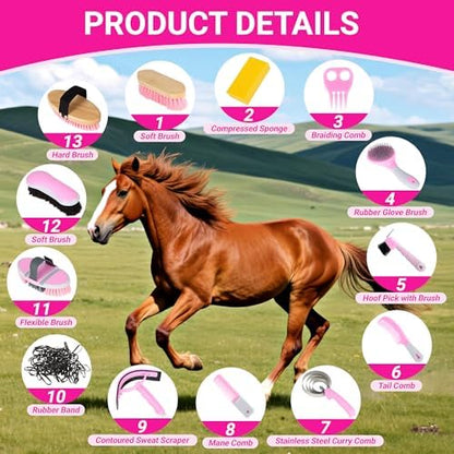 Horse Grooming Kit, 14-in-1 Professional Horse Brush Supplies Set for Grooming & Care, with Horse Brushes, Curry Comb, Hoof Pick & Waterproof Storage Tote Bag for Shining, Detangling, Massaging(Pink)